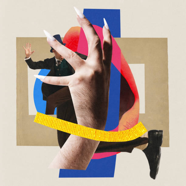 istock Contemporary art collage. Creative artwork with colorful elements. Panicked business man dressed officially vintage outfit running from huge lips and hand of boss. 1768648267