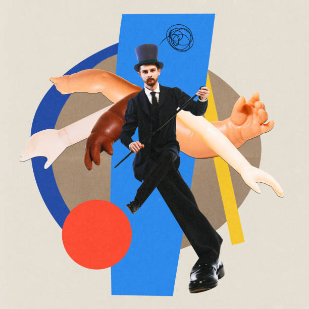 istock Contemporary art collage. Creative artwork with colorful elements. Confident business man dressed officially vintage outfit have many hands and smashed thoughts. 1768648268