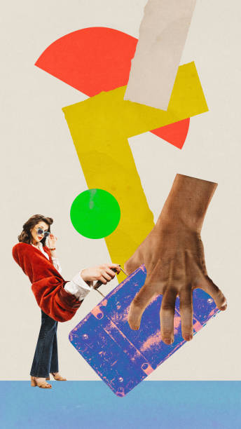 istock Contemporary art collage. Creative artwork with colorful elements. Confident business woman dressed officially vintage outfit get new big bag with documents. 1768648273