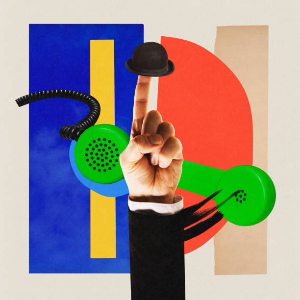 istock Contemporary art collage. Creative artwork with colorful elements. One huge hand with pointing finger and little hat having new call. 1768648274