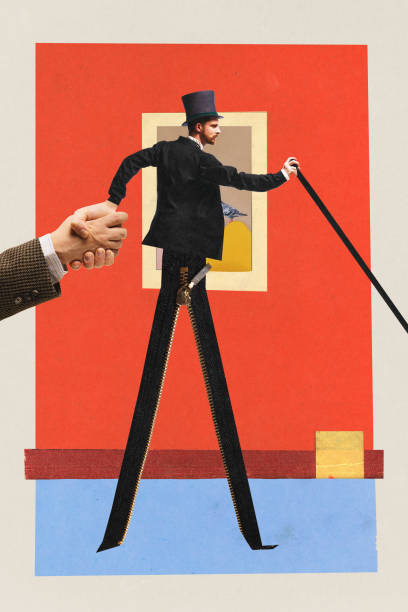 istock Contemporary art collage. Creative artwork with colorful elements. Business man dressed officially vintage outfit shaking hand with colleague with zipper instead legs. 1768648277