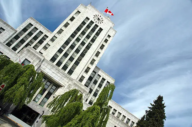 A series of photos of Vancouver BC Canada's city hall building and landmark.