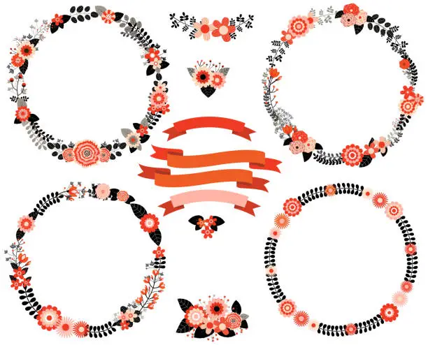 Vector illustration of Black and red floral vector wreath borders with ribbons and flower bouquets for invitations, greeting cards and background designs