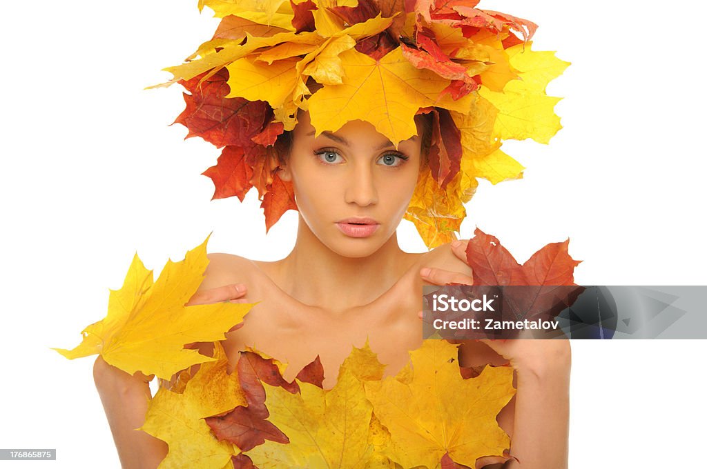 Beautiful woman with autumn leaves Beautiful woman with autumn leaves isolated on white Adult Stock Photo