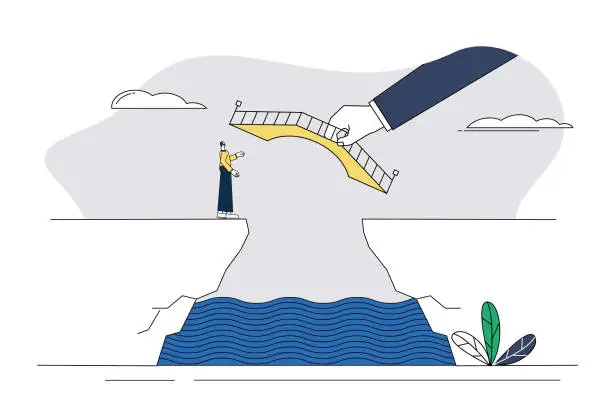 Vector illustration of The giant helps the white-collar man build a bridge on the cliff.
