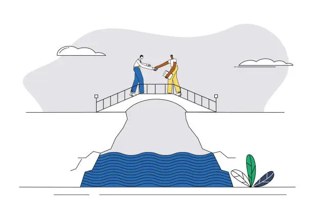 Vector illustration of Two businessmen shaking hands and cooperating on the cliff bridge.