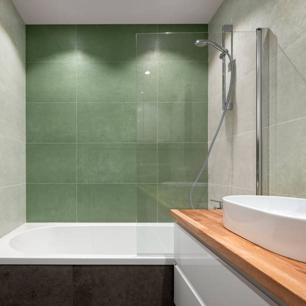 istock Modern small bathroom. Bathroom, shower, cabinet with sink 1768668132