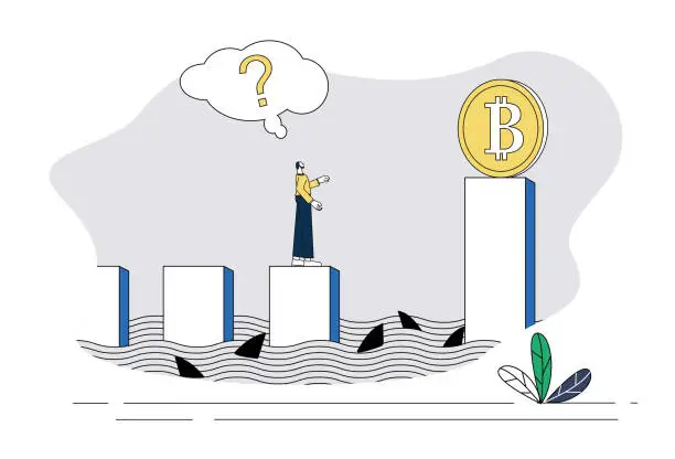 Vector illustration of The businessman stood on the sea full of sharks, thinking about how to overcome the difficulties and obtain Bitcoin wealth.
