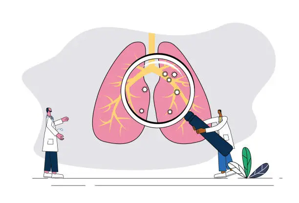 Vector illustration of Two doctors examine the lungs with magnifying glasses.