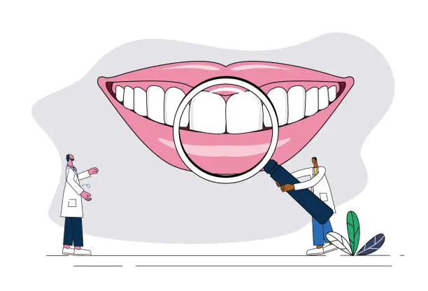 Vector illustration of Two doctors examine teeth with magnifying glasses.