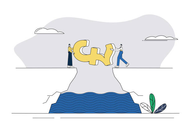 ilustrações de stock, clip art, desenhos animados e ícones de two businessmen used pounds to build a bridge for cooperation. - british currency pound symbol finance recovery