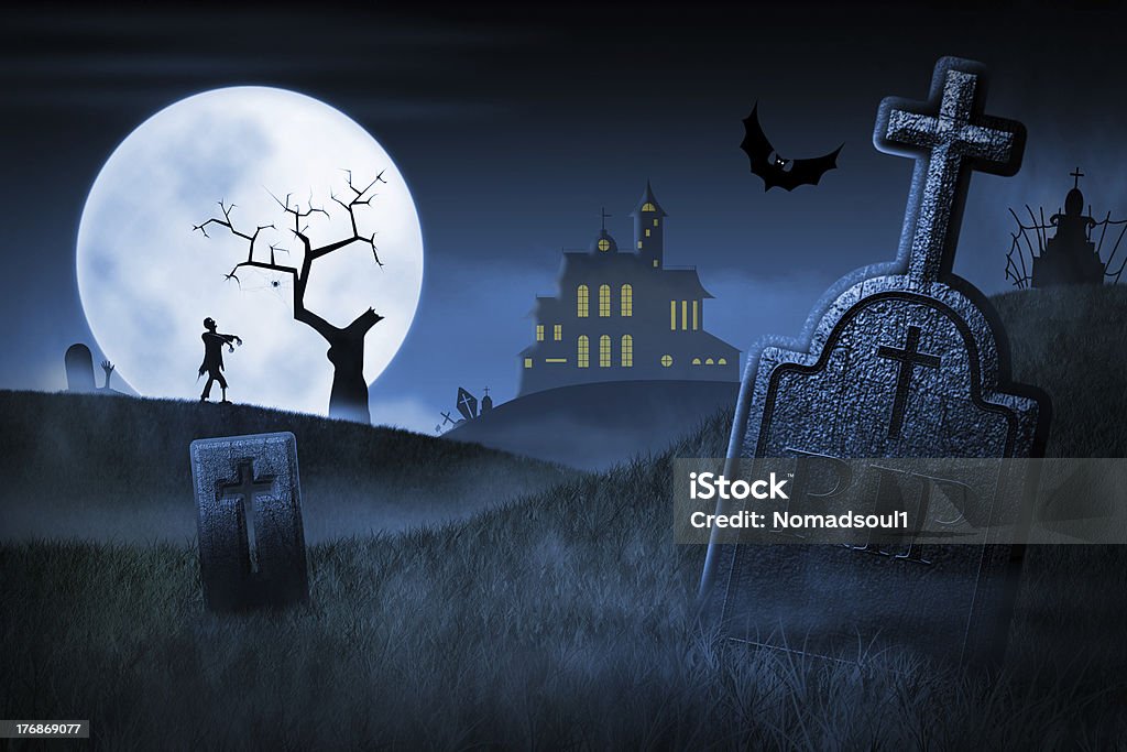 Cartoon of spooky Halloween night Spooky Halloween night. Foggy cemetery and haunted house on background Celebration Event Stock Photo