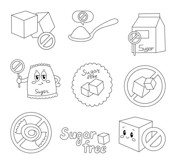 Vector illustration of Items and characters sugar free. Coloring Page. No added. Healthy food concept. Proper diet, good nutrition. Hand drawn style. Vector drawing. Collection of design elements.