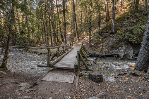 Hiking bridge crossing Sinclair Creek in Kootenay National Park, British Columbia, Canada