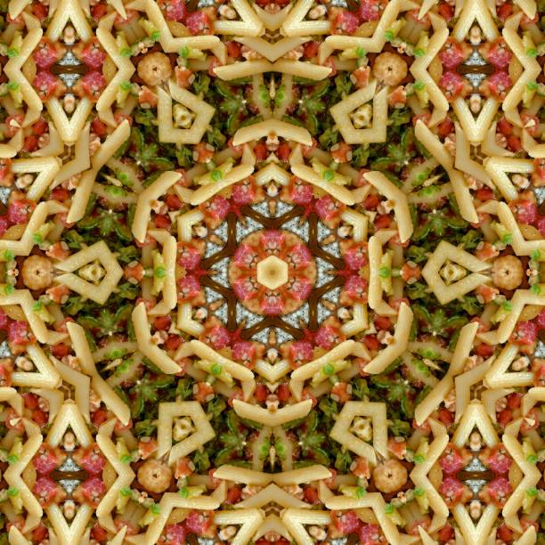 Abstract background, Digital illustration, geometric composition made of pasta and vegetables, texture and pattern, kaleidoscope