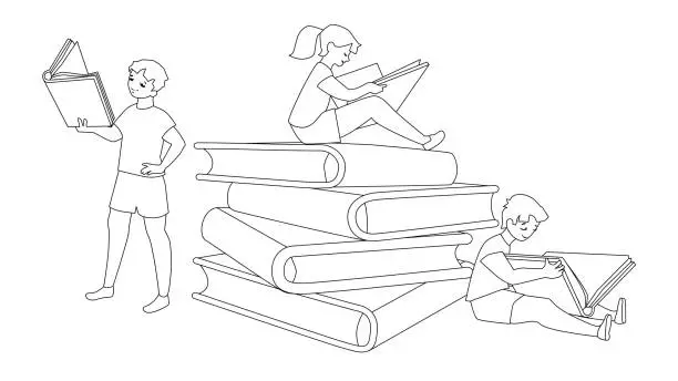 Vector illustration of Kids reading books, coloring book