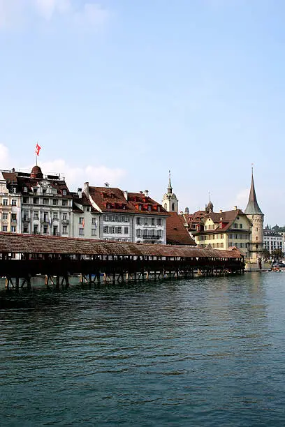 "Digital photo of the famous chapel-bridge in Lucerne in switzerland. The bridge was build in the year 1365, it is the oldest and longest (204 m) bridge with a roof in europe."