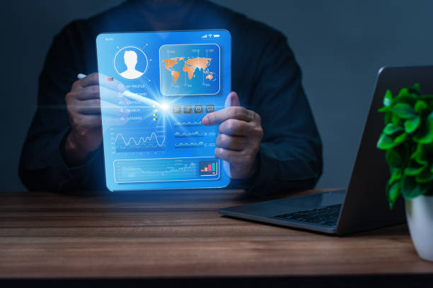 istock Financial analyst, touch screen on a dashboard for sign-in to the security system of analyzing global data, conducting in-depth business analysis to understand market trends, growth, achieving success 1768704561