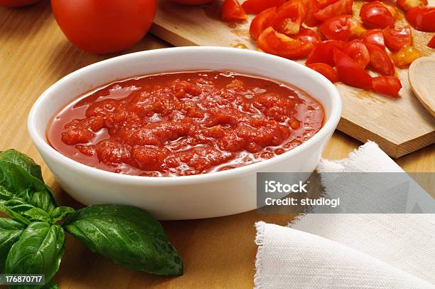 Homemade Tomato Sauce In A White Bowl Stock Photo - Download Image Now - Tomato Sauce, Condiment, Savory Sauce