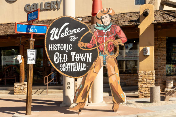 The Old Town Scottsdale area in Scottsdale, AZ. Scottsdale, AZ, USA - October 26, 2023: Old Town Scottsdale is famous for their shopping, art galleries, restaurants, and bars and clubs with their iconic sign located along every street. southwest usa architecture building exterior scottsdale stock pictures, royalty-free photos & images