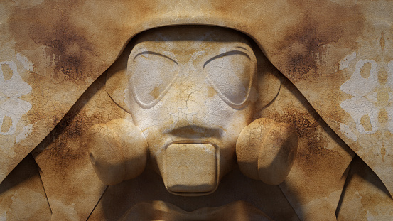 3d rendering of an abstract face sculpture with a gas mask
