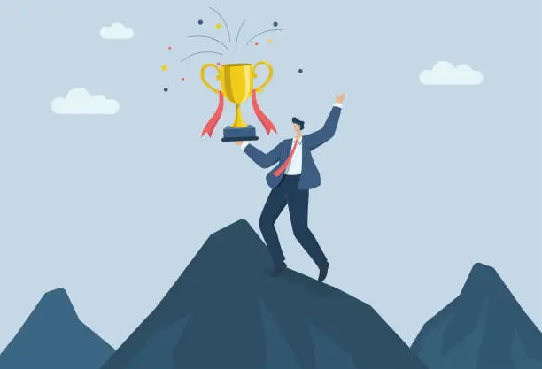 Vector illustration of The greatest success of businessman raise the trophy, Businessman celebrate winning victory trophy on the top of mountain, Vector design illustration.