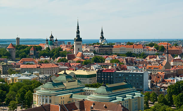 Team "Panoramic view of old city of Tallinn, Estonia" town wall tallinn stock pictures, royalty-free photos & images