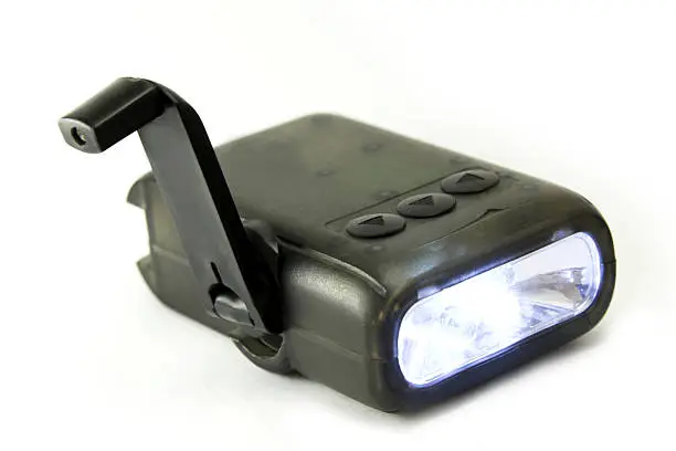 An LED torch or flash-light, powered by hand winding.