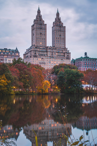 Central Park in Fall with towers on Central Park West at Dawn