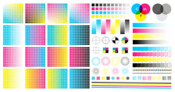 Vector illustration of CMYK color marks. Color registration and adjustment marks for printing, prepress and screen printing. Vector CMYK tone palette isolated set