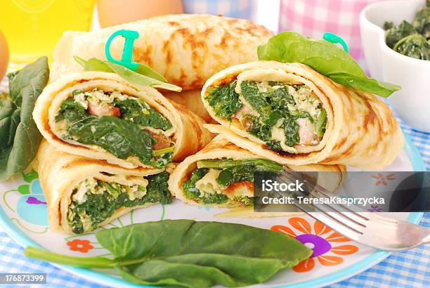 Pancakes With Spinach And Eggs Stock Photo - Download Image Now - Rolled Up, Bacon, Crêpe - Pancake