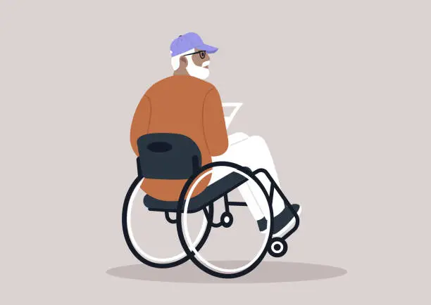 Vector illustration of A senior man in a wheelchair, seen from behind, reading a daily newspaper