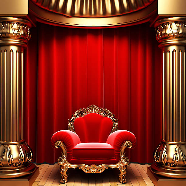 istock red velvet curtains, gold columns and chair 176874064
