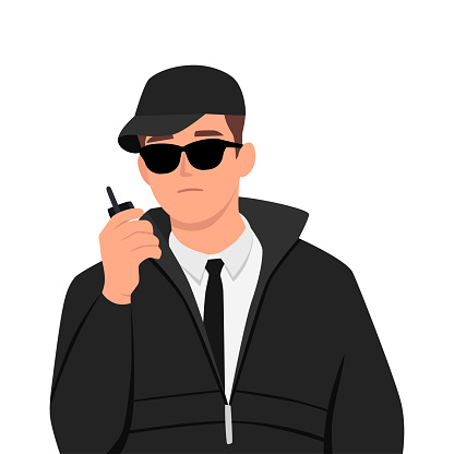 Man bodyguard use walkie talkie to inform security service about arrival of guest or dangerous situation. Guy working as bodyguard wear formal suit to take care of safety important person or business. Flat vector illustration isolated on white background