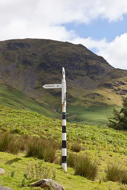 "Shot taken of a Lake District sign post, pointing to Keswick. Shot taken in the small village of Buttermere. Robinson fell in the background."