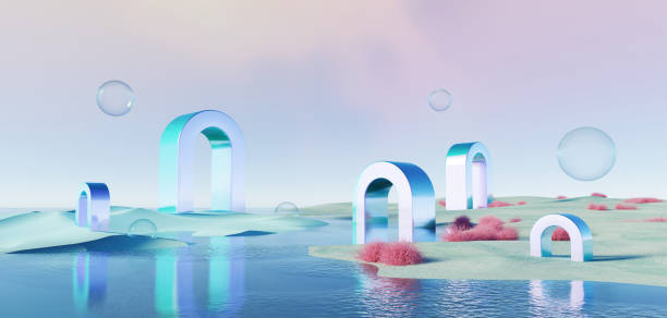 istock 3d Render, Abstract Surreal pastel landscape background with arches and podium for showing product, panoramic view, Colorful dune scene with copy space, blue sky and cloudy, Minimalist decor design 1768741838