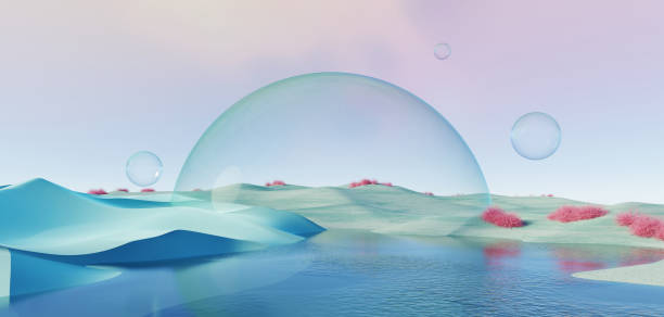 istock 3d Render, Abstract Surreal pastel landscape background with arches and podium for showing product, panoramic view, Colorful dune scene with copy space, blue sky and cloudy, Minimalist decor design 1768741843