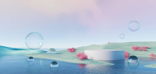 istock 3d Render, Abstract Surreal pastel landscape background with arches and podium for showing product, panoramic view, Colorful dune scene with copy space, blue sky and cloudy, Minimalist decor design 1768741844