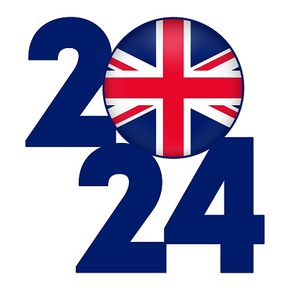 Happy New Year 2024 banner with UK flag inside. Vector illustration.
