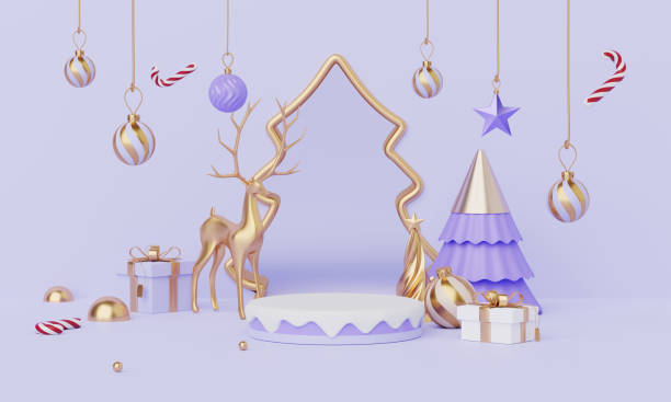 istock Christmas backgrounds with podium stage platform in minimal New year event theme. Merry Christmas scene for product display mock up banner. Empty stand pedestal decor in Xmas winter scene. 3D render. 1768741878
