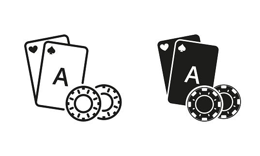 Play Card with Poker Chip, Casino Roulette in Vegas Line and Silhouette Black Icon Set. Gamble Game Symbol Collection. Lucky Gambling, Blackjack, Bridge, Poker Sign. Isolated Vector Illustration.