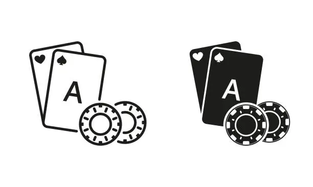Vector illustration of Play Card with Poker Chip, Casino Roulette in Vegas Line and Silhouette Black Icon Set. Gamble Game Symbol Collection. Lucky Gambling, Blackjack, Bridge, Poker Sign. Isolated Vector Illustration