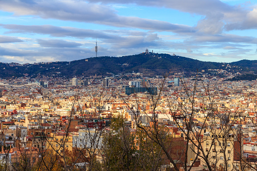 Panoramic view of Barcelona city from Montjuic hill, Catalonia, Spain