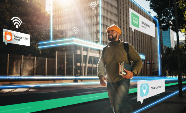 Augmented reality, hologram and student walking in city with connection for futuristic internet travel in outdoor town. Digital, digital and man commute in metaverse location with online technology