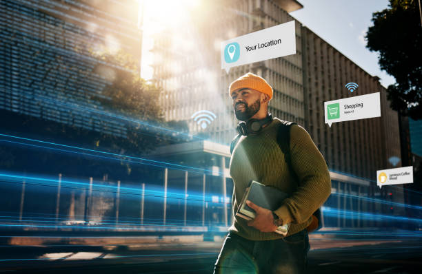 istock Augmented reality, connection and student walking in city with hologram for futuristic internet travel in outdoor town. Digital, digital and man commute in metaverse location with online technology 1768753822