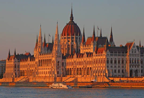 Budapest, B, Hungary - August 20, 2023: Hungarian Parliament building and the Danube River at sunset