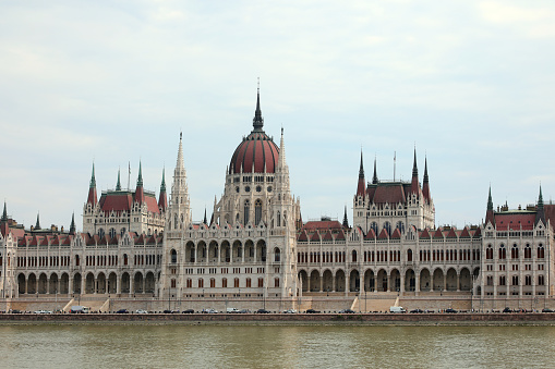 Budapest, B, Hungary - August 18, 2023: Hungarian Parliament building and wide Danube River
