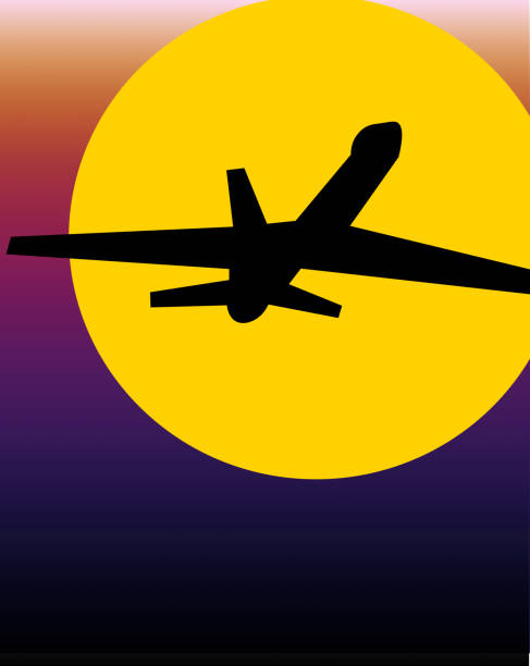 illustrations, cliparts, dessins animés et icônes de silhouette d’avion volant vers le coucher du soleil - medium shot illustrations