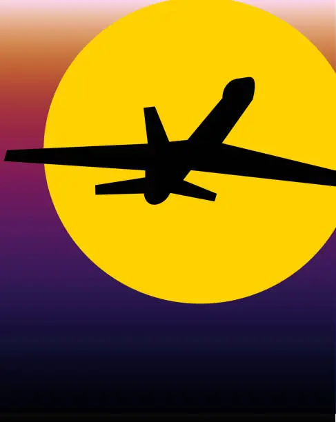 Vector illustration of Silhouetter of airplane flying toward the sunset