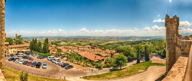 MONTALCINO, ITALY - JUNE 23: Scenic aerial panoramic view over the town of Montalcino, province of Siena, Tuscany, Italy, June 23, 2019